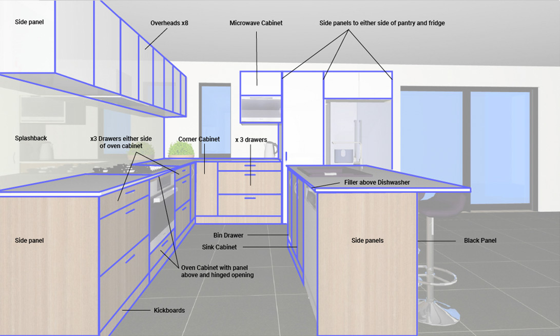Diagram L SHAPED Kitchen WITH ISLAND Illustrated Reduced 